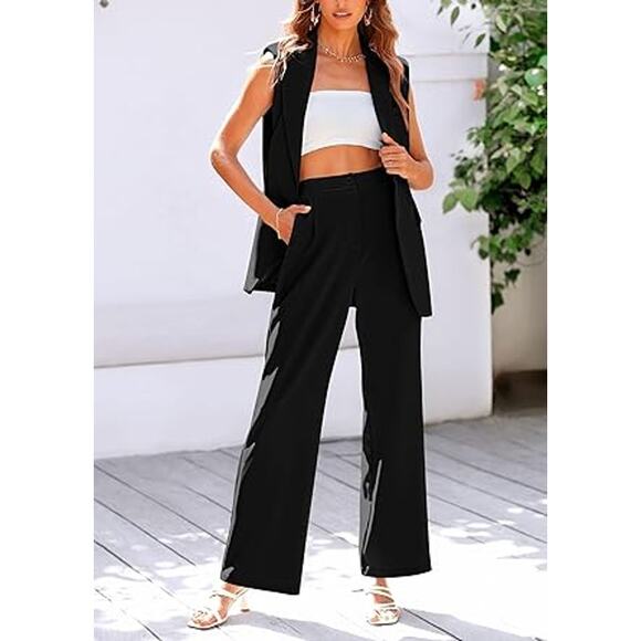 PRETTYGARDEN Women's 2 Piece Outfits Sleeveless Suit Vest and Wide Leg Pants B - Picture 6 of 6